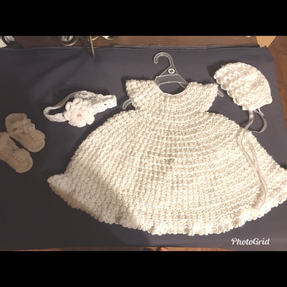 Hand made crochet baby white baptism  dress set